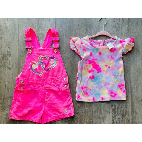 LITTLE LASS Girls 2 Piece Outfit Set Overalls Shortalls Neon Pink Tie Dye LOVE 5 - Picture 7 of 7